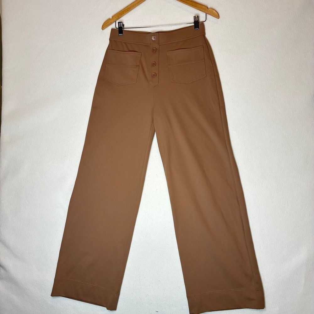 Halara Pants Women's M Petite Tan Wide Leg Button Front Stretch Trousers Pockets - Picture 2 of 11